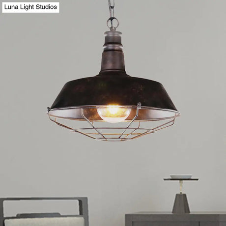 Vintage Wire Guard Pendant Light With Barn Shade - 10’/14’/18’ Wide Black/Bronze/Rust Metal