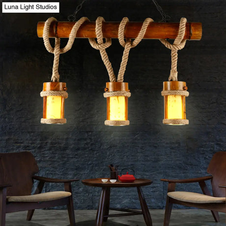 Vintage Wood Cylindrical Pendant Lamp - Bamboo Island Lighting With Rope Cord Set Of 3 Bulbs