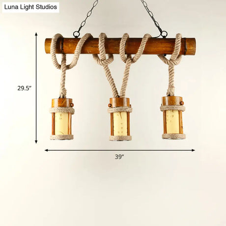 Vintage Wood Cylindrical Pendant Lamp - Bamboo Island Lighting With Rope Cord Set Of 3 Bulbs