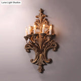 Vintage Wood Finish Metal Wall Mounted Candle Sconce With 5-Lights And Flower Grain Backplate