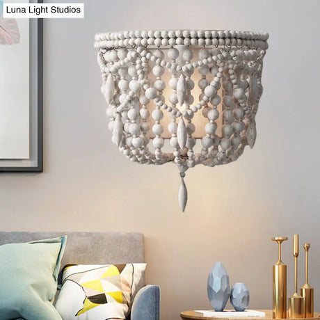 Vintage Wood Wall Mount Sconce Light - White Beaded 1-Light Fixture For Living Room