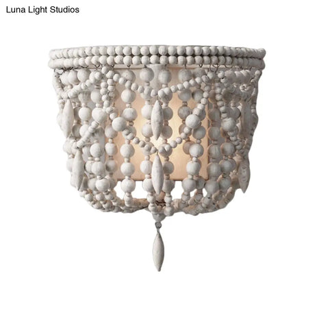 Vintage Wood Wall Mount Sconce Light - White Beaded 1-Light Fixture For Living Room