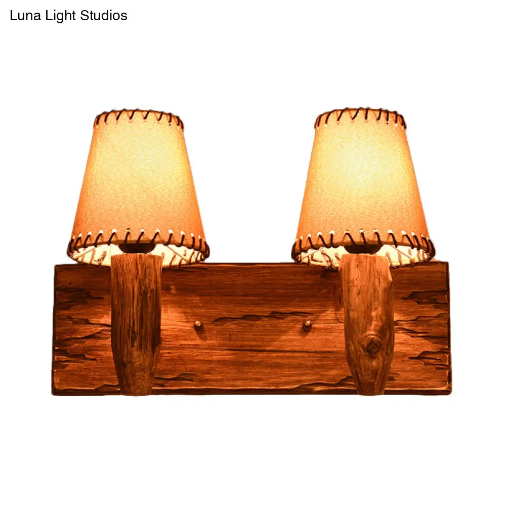 Vintage Wood Wall Mounted Sconce Light 1/2 Lights Fabric Shade - Ideal For Dining Room