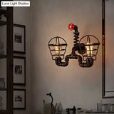 Vintage Wrought Iron Wall Lamp With Wire Guard & Pipe-Valve Fixture (2 Bulbs Black)