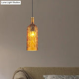 Vintage Yellow/Brown Glass Pendant Light With Dimpled Bottle Shade - 1-Light Fixture For Living Room
