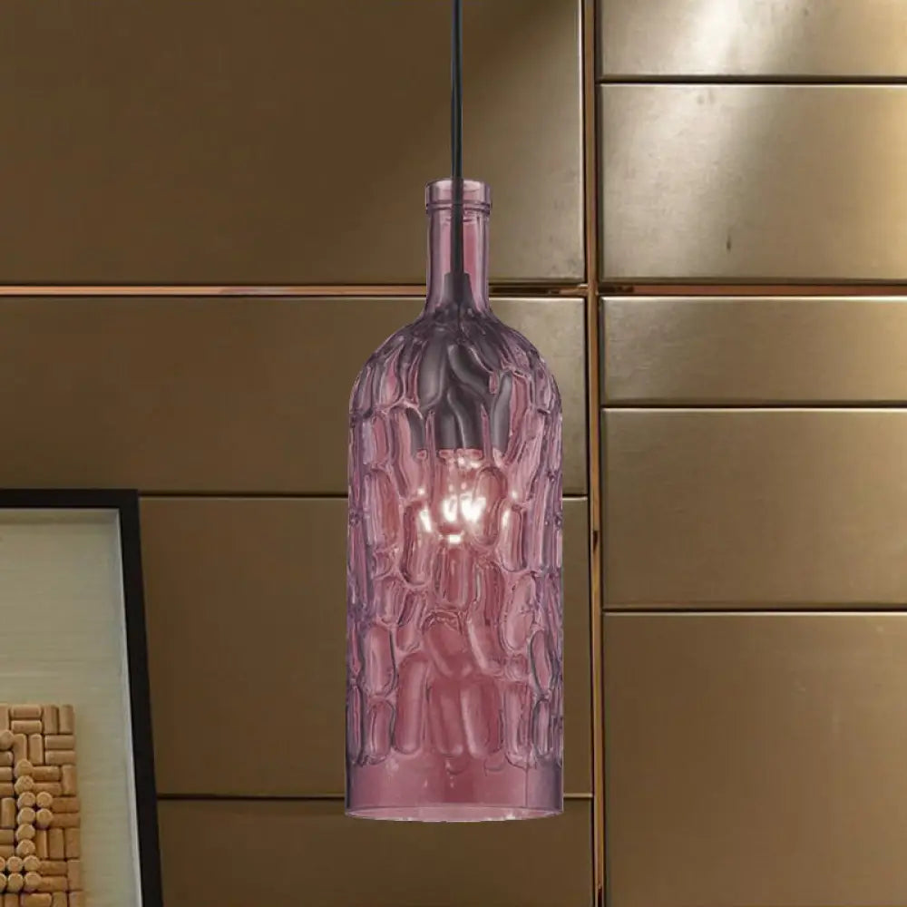Vintage Yellow/Brown Glass Pendant Light With Dimpled Bottle Shade - 1-Light Fixture For Living