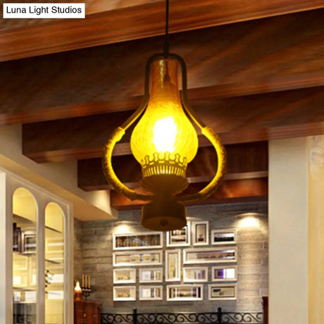 Vintage Yellow Crackle Glass Kerosene Pendant Light For Living Room - Black 1-Light Hanging Ceiling