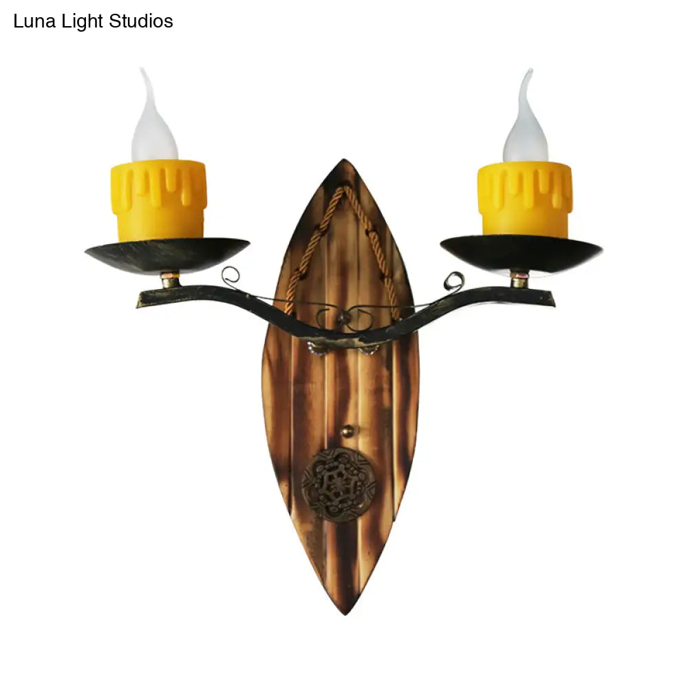 Vintage Yellow Resin Candle Wall Lamp With Wood Backplate