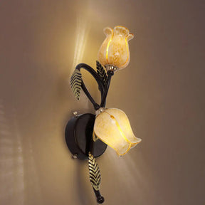 Wall Mounted Flower Lamp - 2-Light Vanity Sconce In Idyllic Style For Bathrooms Yellow