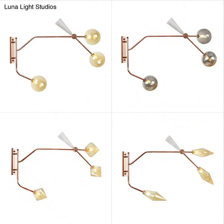 Wall Mounted Iron Rose Gold Reading Light With Branching Design Industrial Fixture - Gem/Ball Glass