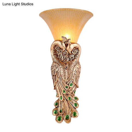 Wall Sconce With Countryside Design And Fluted Amber Glass - Peacock Decor In Gold