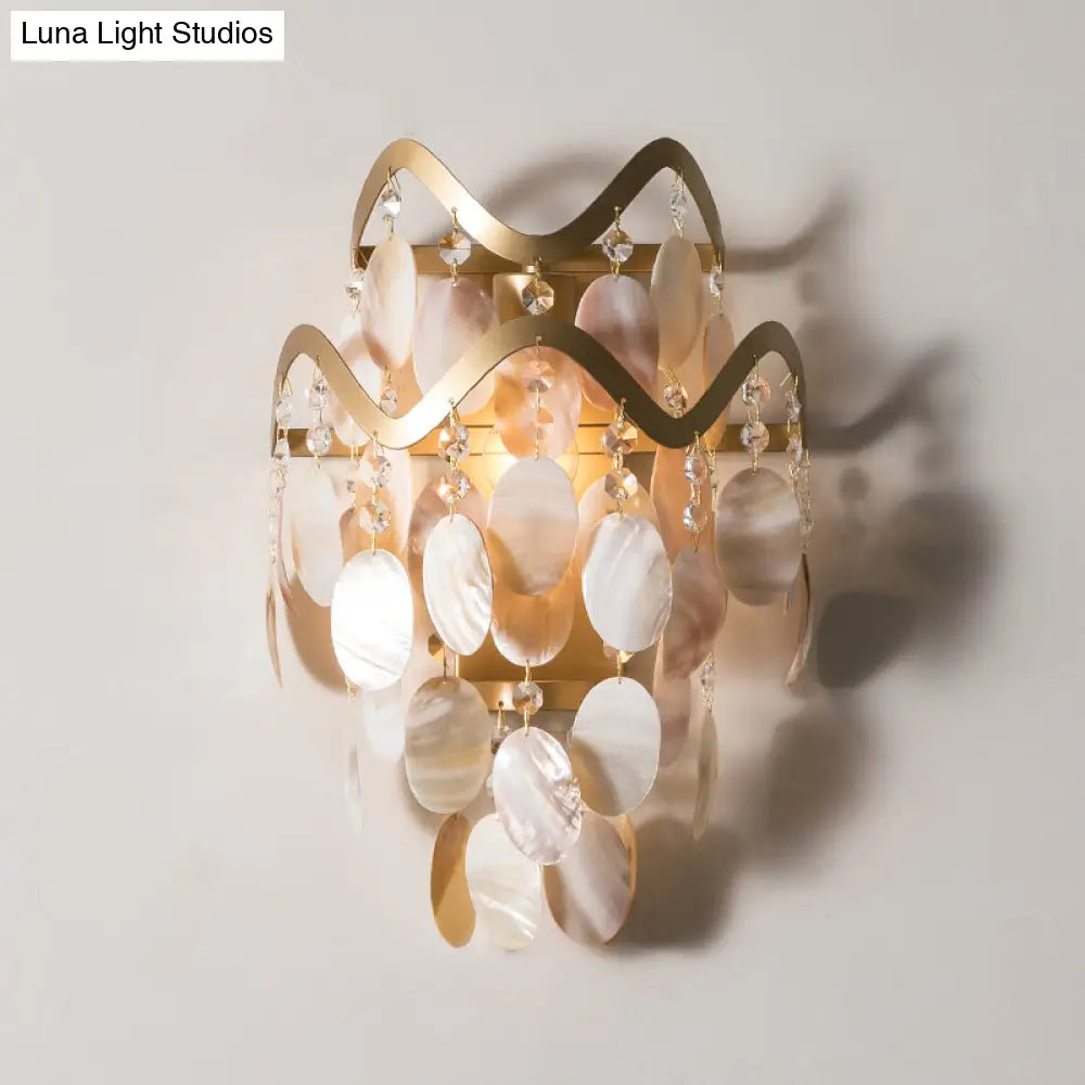 Wave Sconce Light - Gold Wall Mount With Flower Crystal/Shell Accent