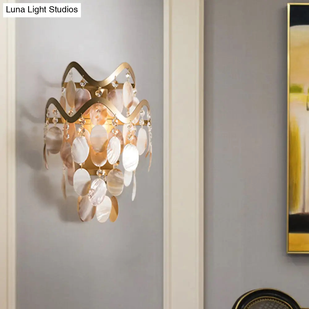 Wave Sconce Light - Gold Wall Mount With Flower Crystal/Shell Accent