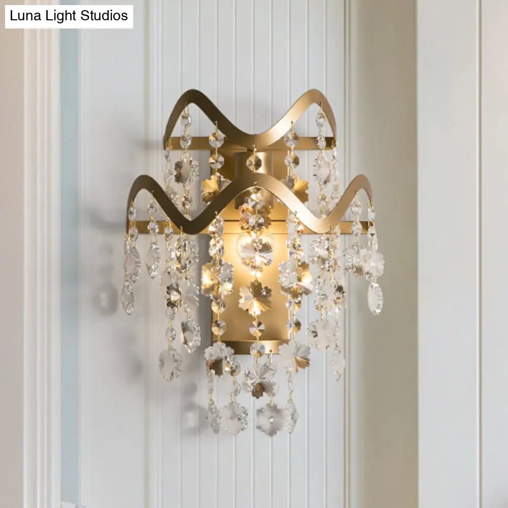 Wave Sconce Light - Gold Wall Mount With Flower Crystal/Shell Accent