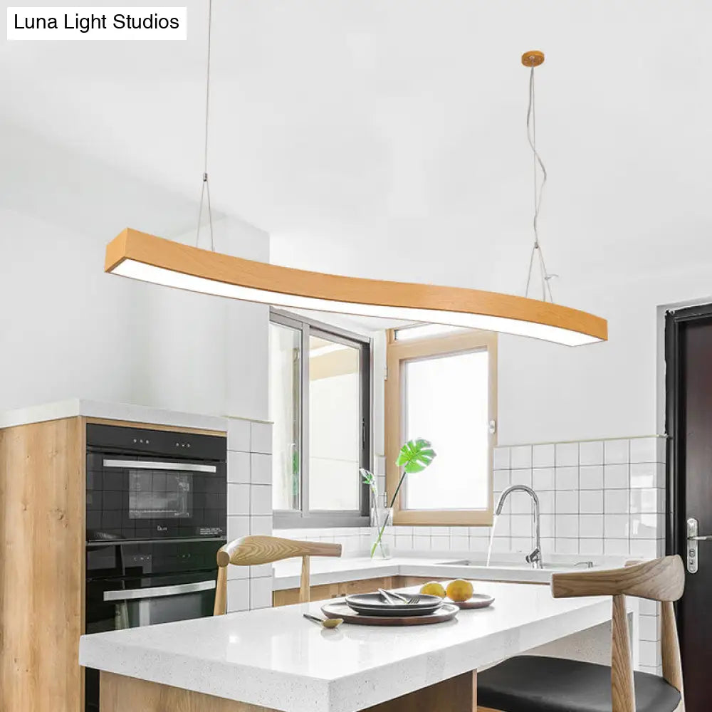 Wavy Led Pendant Chandelier - Minimalist Metal And Wood Suspension Light For Office
