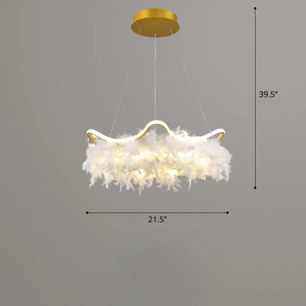 Wavy Metal Nordic White-Gold Led Chandelier With Feather Deco - Elegant Suspension Lighting