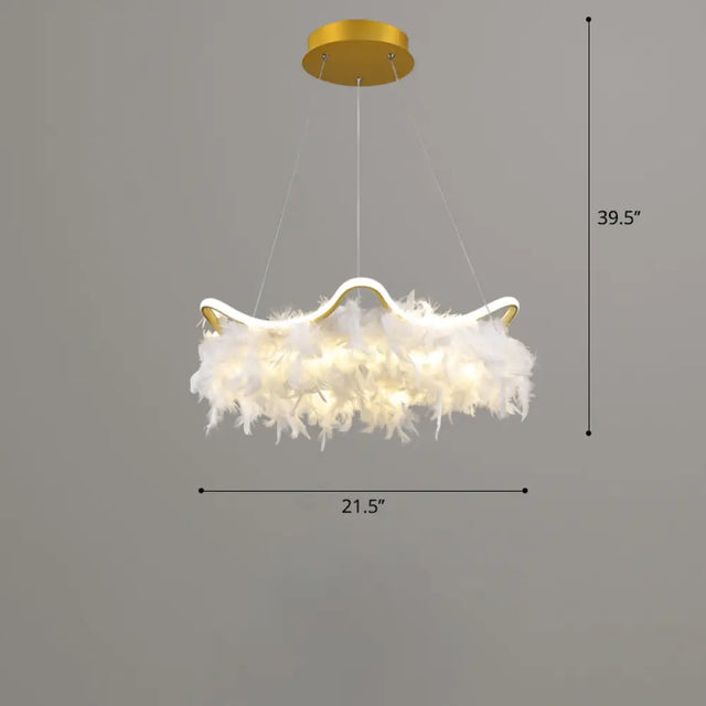 Wavy Metal Nordic White-Gold Led Chandelier With Feather Deco - Elegant Suspension Lighting