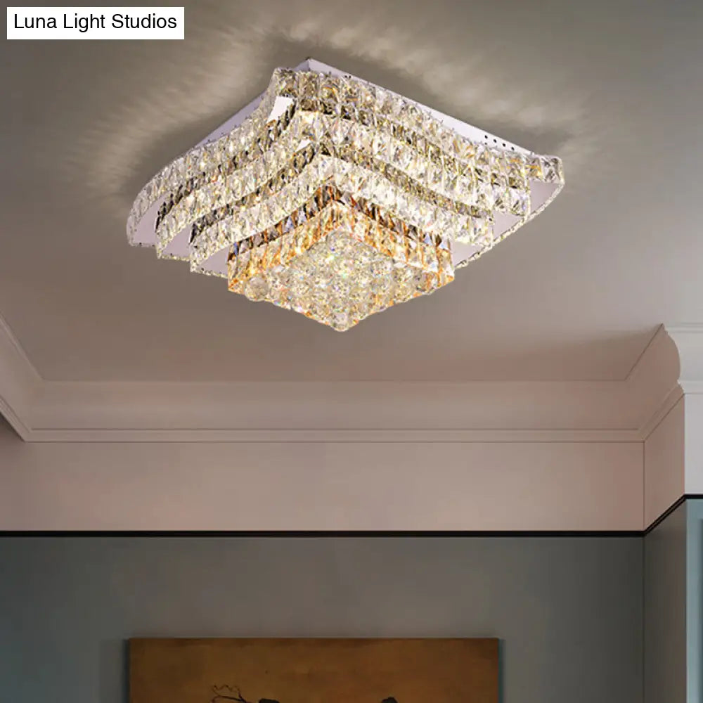 Wavy - Side Square Bedroom Led Flush Mount Ceiling Light With Clear Crystal Blocks Modern Stainless