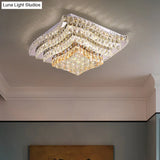 Wavy - Side Square Bedroom Led Flush Mount Ceiling Light With Clear Crystal Blocks Modern Stainless