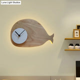 Whale Led Wall Sconce With Clock In Warm/White Light - Black/White/Beige Cartoon Wood Design