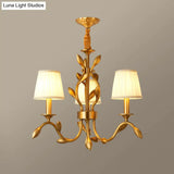 Wheat Chandelier Lighting: Farmhouse Gold Pendant With Conical Fabric Shade - 3-Head Metallic