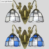 White And Blue Glass Sconce Light With 2 Heads For Wall Mounting In Corridor - Tiffany Dome Design