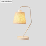 White Barrel Table Lamp - Modern Fabric Night Light For Bedroom With Curved Arm