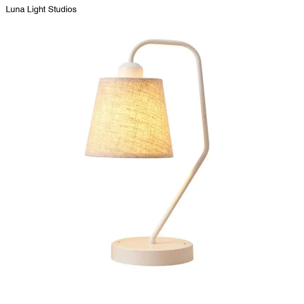 White Barrel Table Lamp - Modern Fabric Night Light For Bedroom With Curved Arm