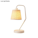 White Barrel Table Lamp - Modern Fabric Night Light For Bedroom With Curved Arm