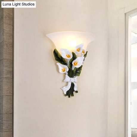 White Bell Glass Flower Wall Sconce With Resin Fixture & 1 Bulb