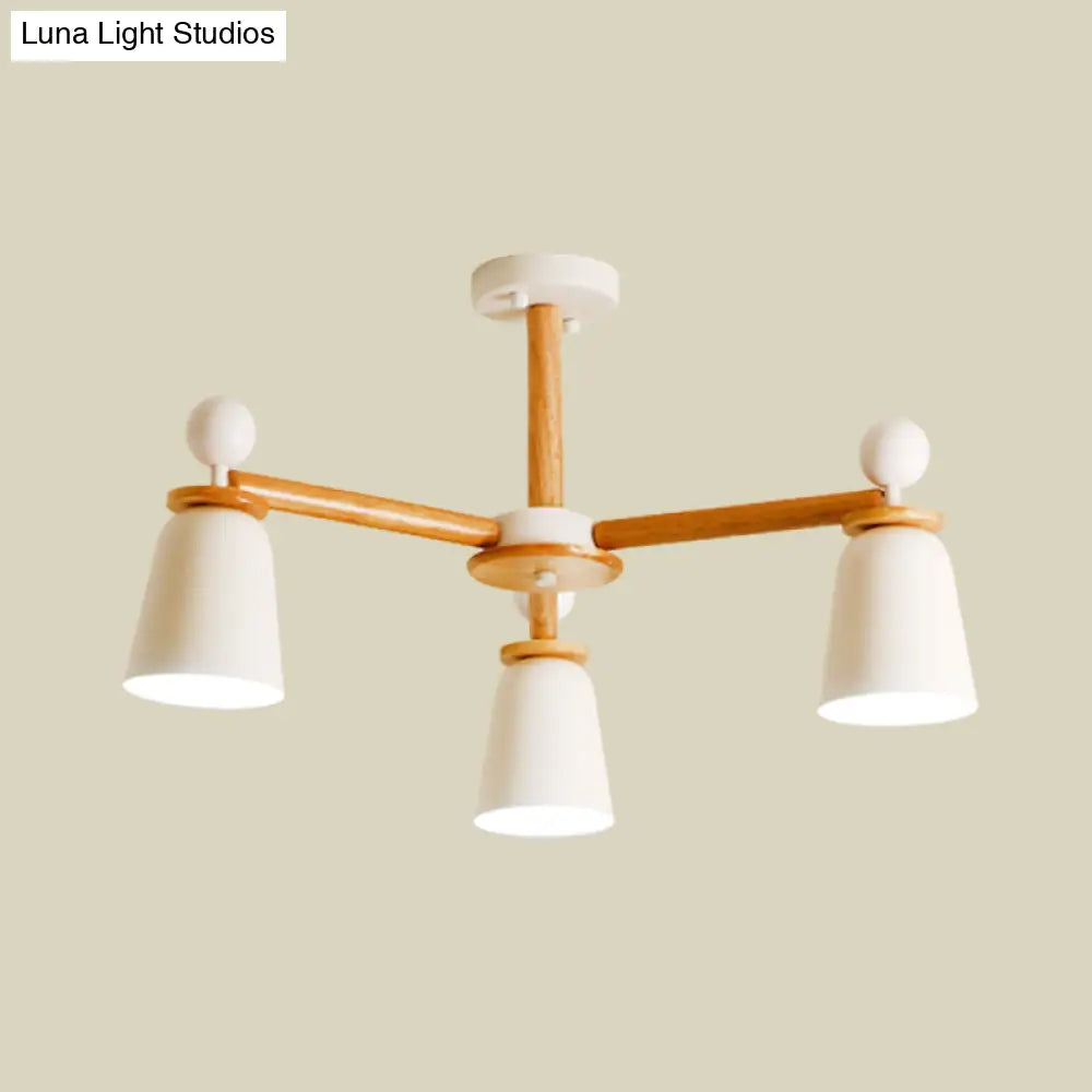 White Bell Semi Flush Modernist Ceiling Lamp Wood Arm 3/6 Lights