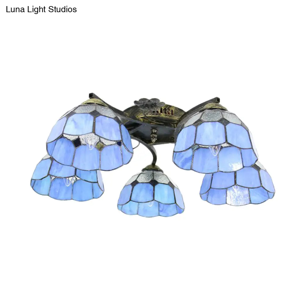 White/Clear Stained Glass Dome Semi Flushmount: 5-Light Mediterranean Flush Light For Bedroom