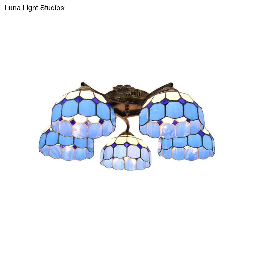 White/Clear Stained Glass Dome Semi Flushmount: 5-Light Mediterranean Flush Light For Bedroom