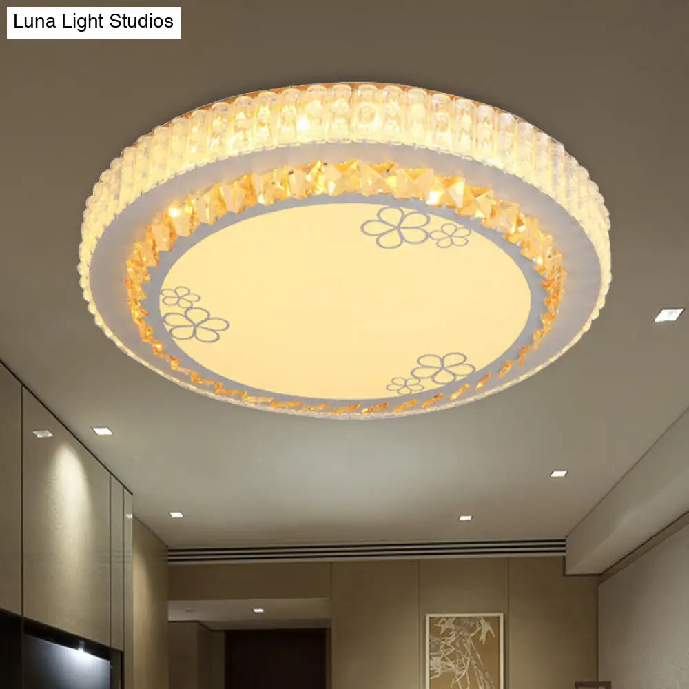 White Crystal Led Flush Mount Lamp With Flower Pattern - Elegant Bedroom Lighting