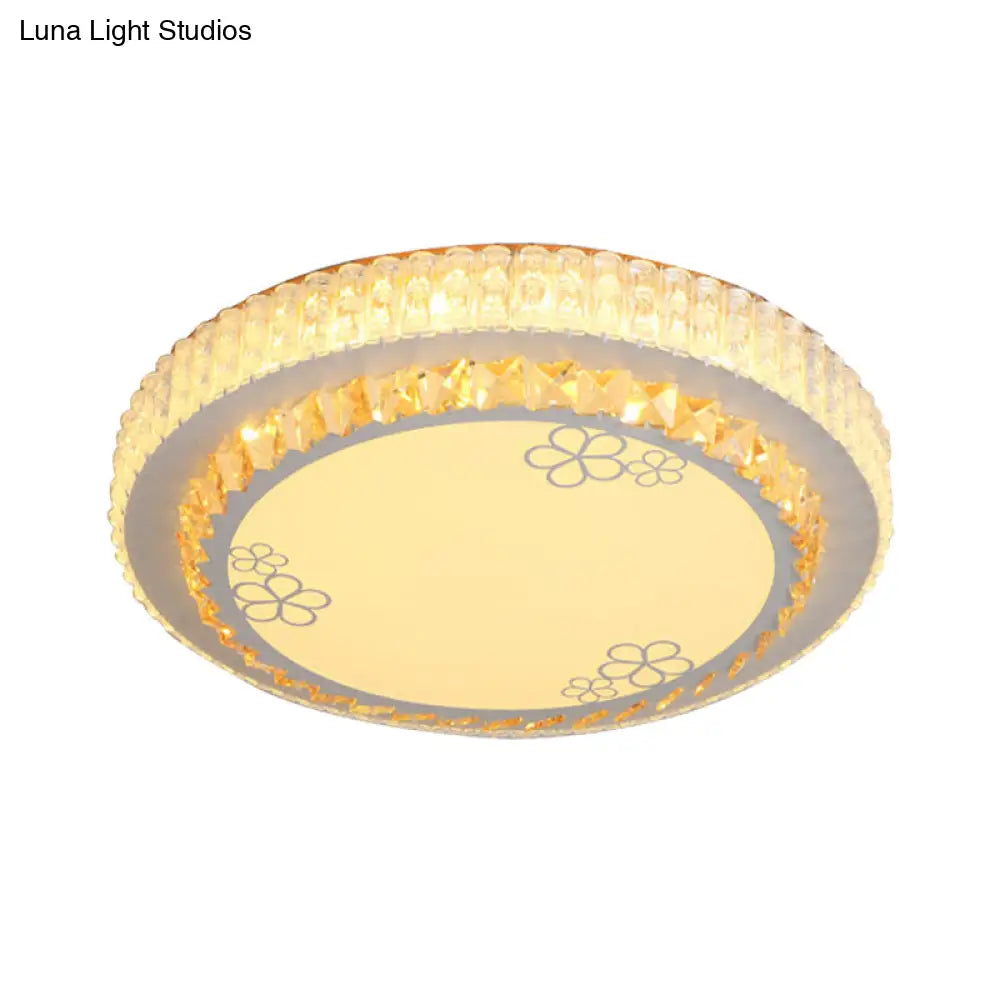 White Crystal Led Flush Mount Lamp With Flower Pattern - Elegant Bedroom Lighting