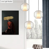 White Curved Pendant Light - Modern Faux Marble Suspension Lamp With Clear Glass Shade