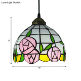 White Cut Glass Ceiling Hang Fixture - Domed Mediterranean Suspension Lighting With Rose Pattern