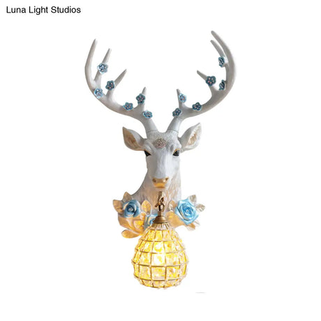 White Deer Head Sconce Light With Crystal Globe Shade - Traditional Indoor Wall Mount Lamp