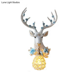 White Deer Head Sconce Light With Crystal Globe Shade - Traditional Indoor Wall Mount Lamp