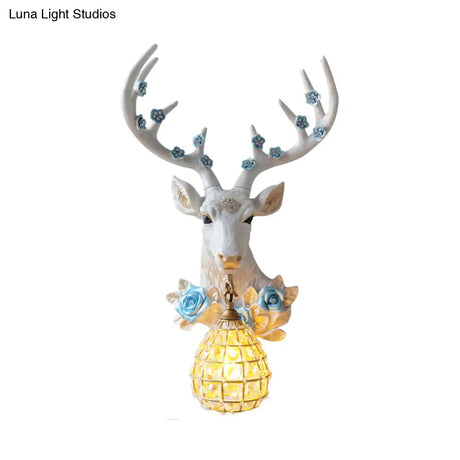 White Deer Head Sconce Light With Crystal Globe Shade - Traditional Indoor Wall Mount Lamp