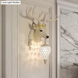 White Deer Wall Sconce Light Fixture With Crystal Teardrop Shade - 1 Bulb Resin Country Lighting