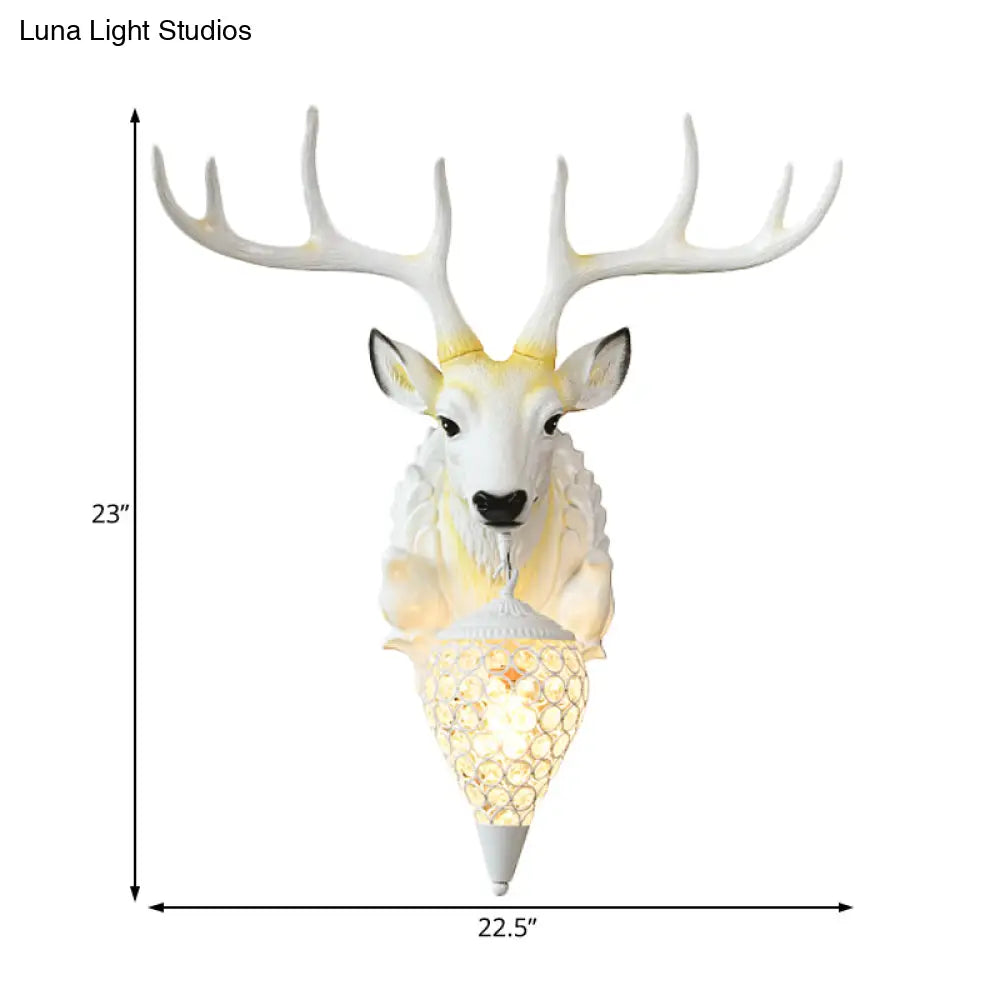 White Deer Wall Sconce Light Fixture With Crystal Teardrop Shade - 1 Bulb Resin Country Lighting