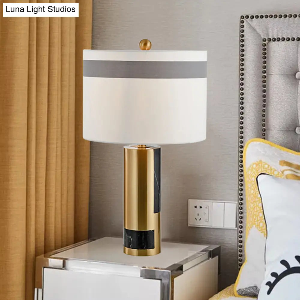 White Drum Table Lamp With Fabric Shade For Bedroom