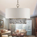 White Fabric Ceiling Chandelier Drum Shade Pendant Light - 5-Light Fixture With Crystal Droplet