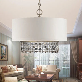 White Fabric Ceiling Chandelier Drum Shade Pendant Light - 5-Light Fixture With Crystal Droplet