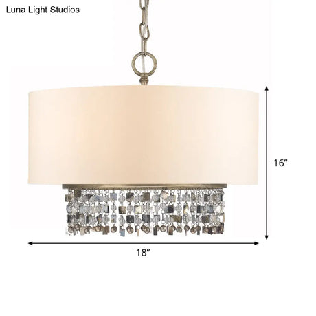 White Fabric Ceiling Chandelier Drum Shade Pendant Light - 5-Light Fixture With Crystal Droplet
