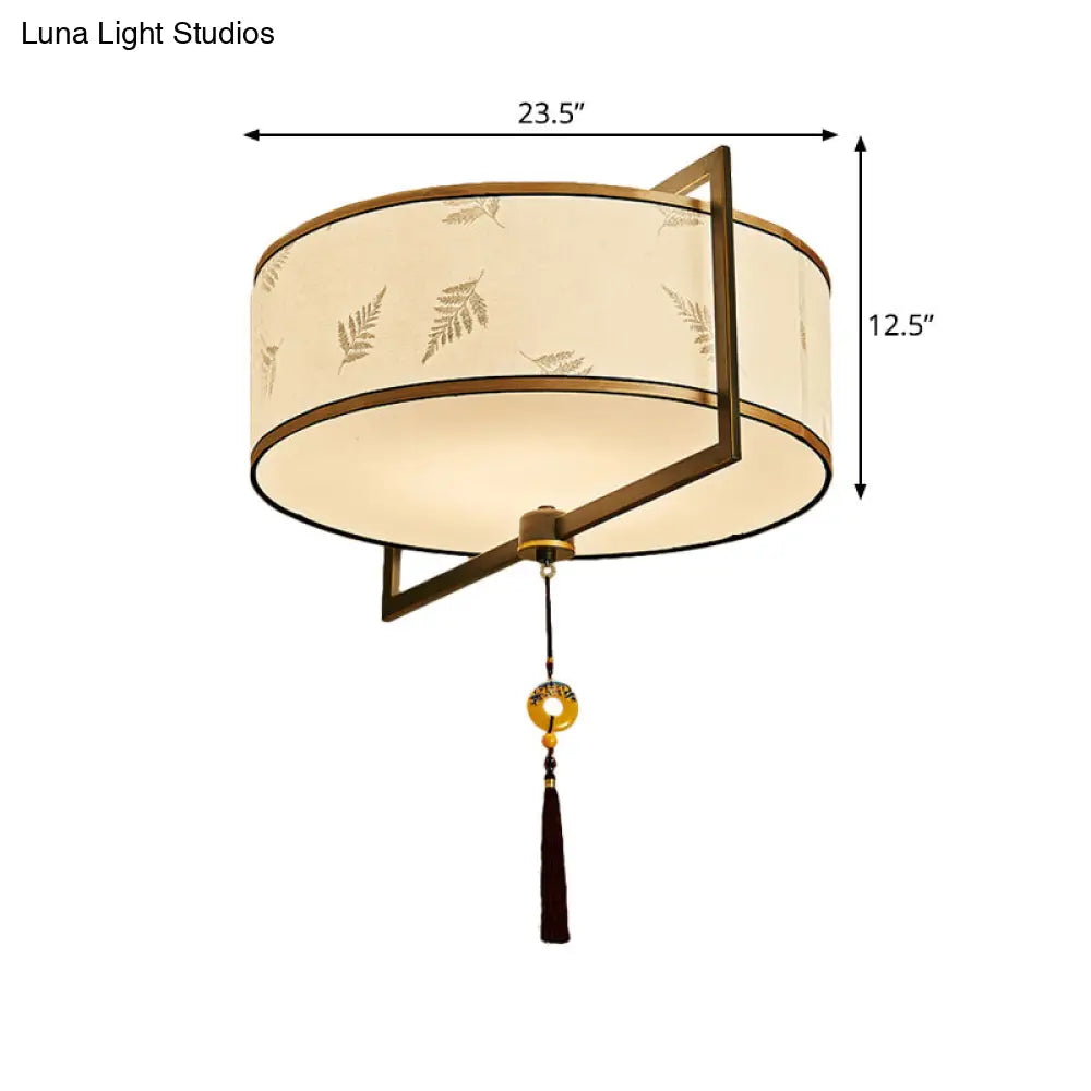White Fabric Ceiling Mounted Drum Fixture - 5-Light Classic Style Flush Mount Lighting