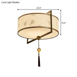 White Fabric Ceiling Mounted Drum Fixture - 5-Light Classic Style Flush Mount Lighting