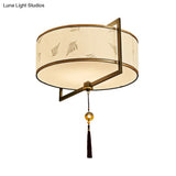 White Fabric Ceiling Mounted Drum Fixture - 5-Light Classic Style Flush Mount Lighting