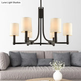 White Fabric Cylindrical Chandelier With 6 Lights - Traditional Living Room Hanging Lamp